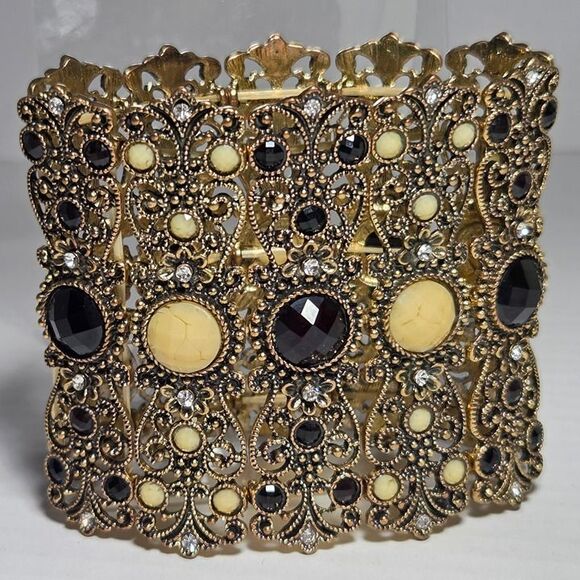 Ornate Filigree 3" Wide Cuff Bracelet Black Cream Cabachons Rhinestone Bollywood - Picture 1 of 10